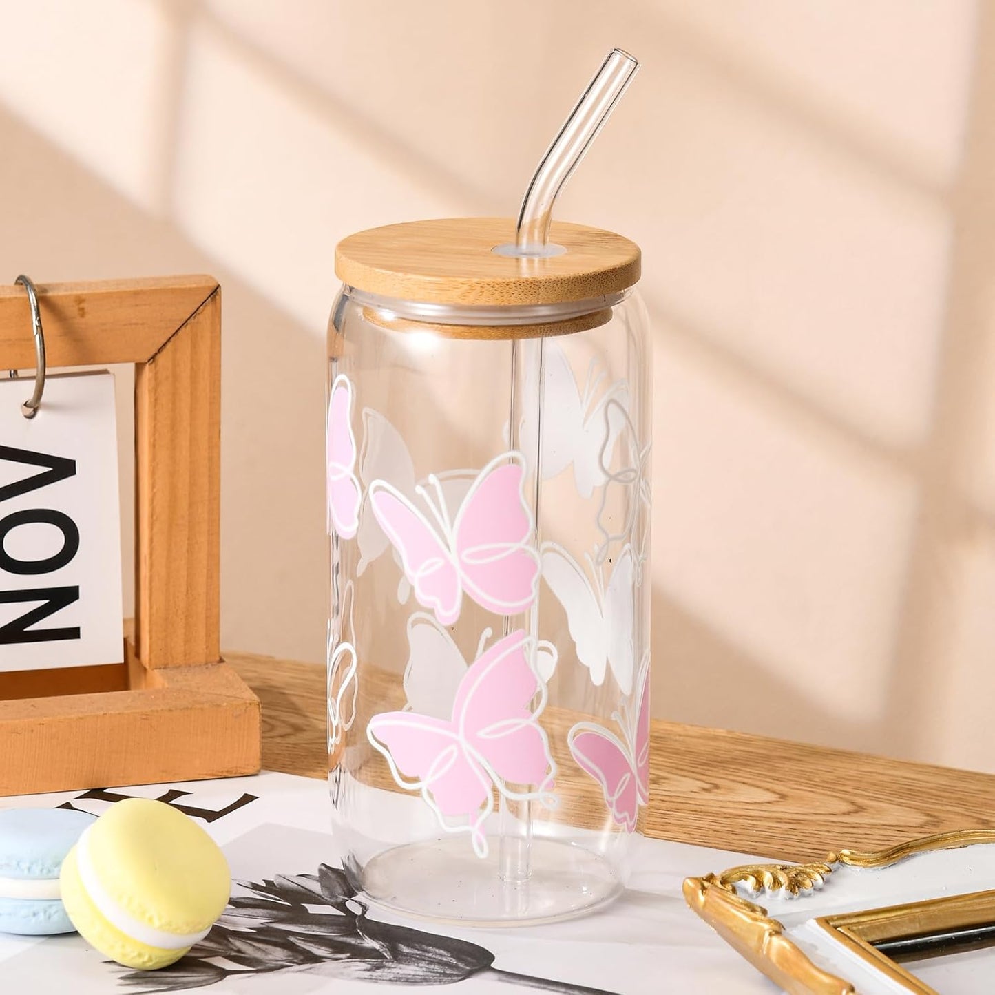Tazas vidrio con tapa y pajita diseño femenino regalo niña
