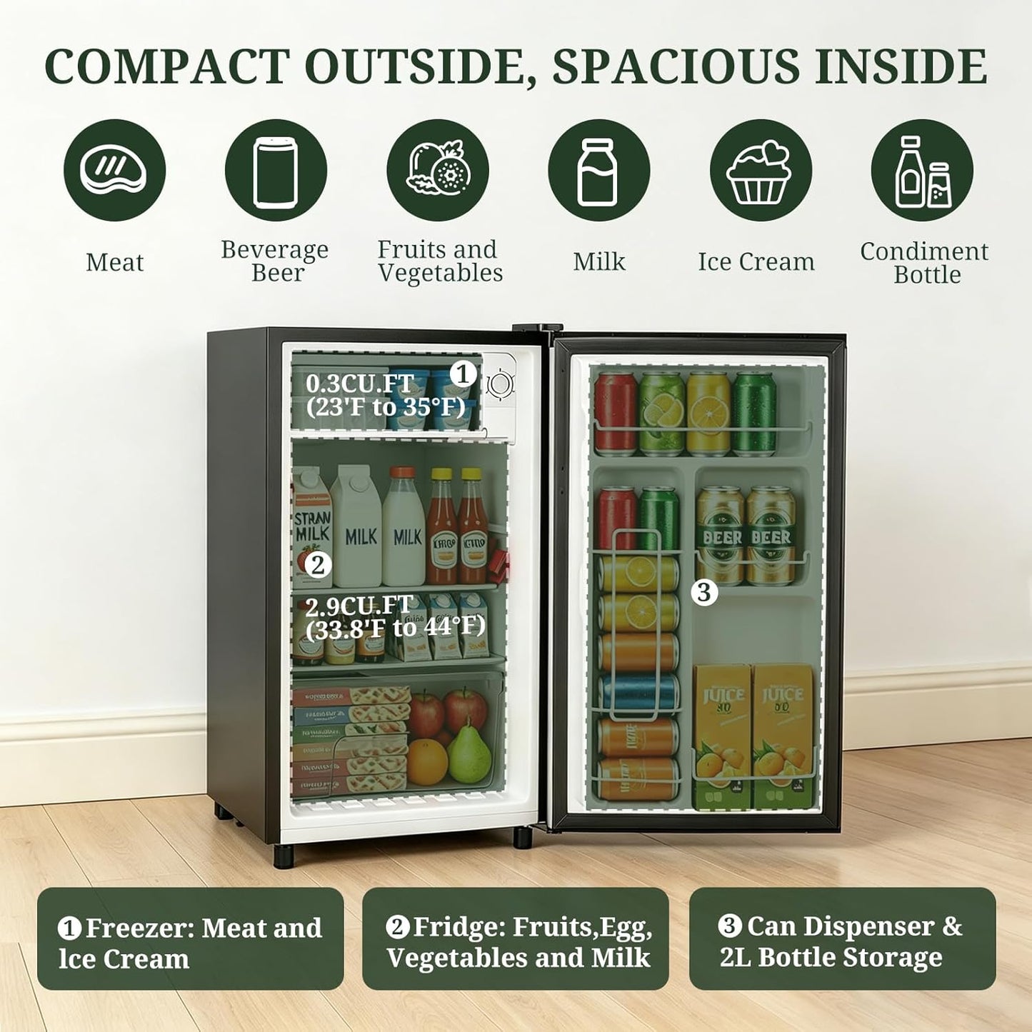 Mini refrigerador con congelador 3.2 pies cubicos termostato