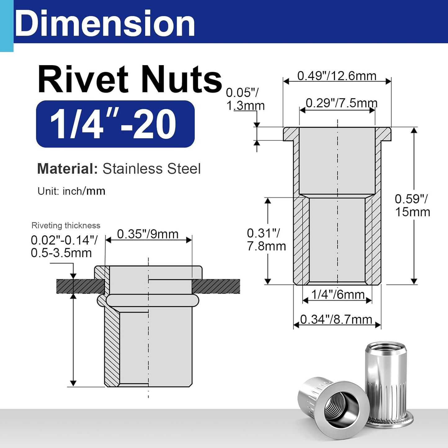 Tuercas remache acero inox 1/4-20 UNC 20 pzas