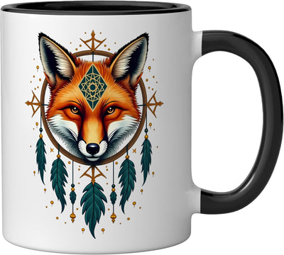 Taza cerámica Fox Dreamcatcher con plumas nativas estilo americano negro/blanco