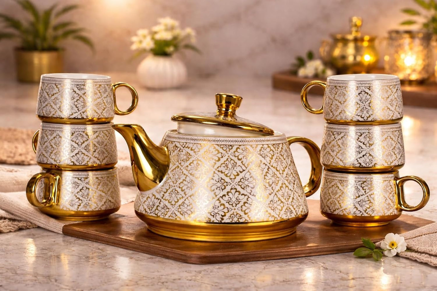 Set té porcelana 1 tetera 6 tazas decoración hogar