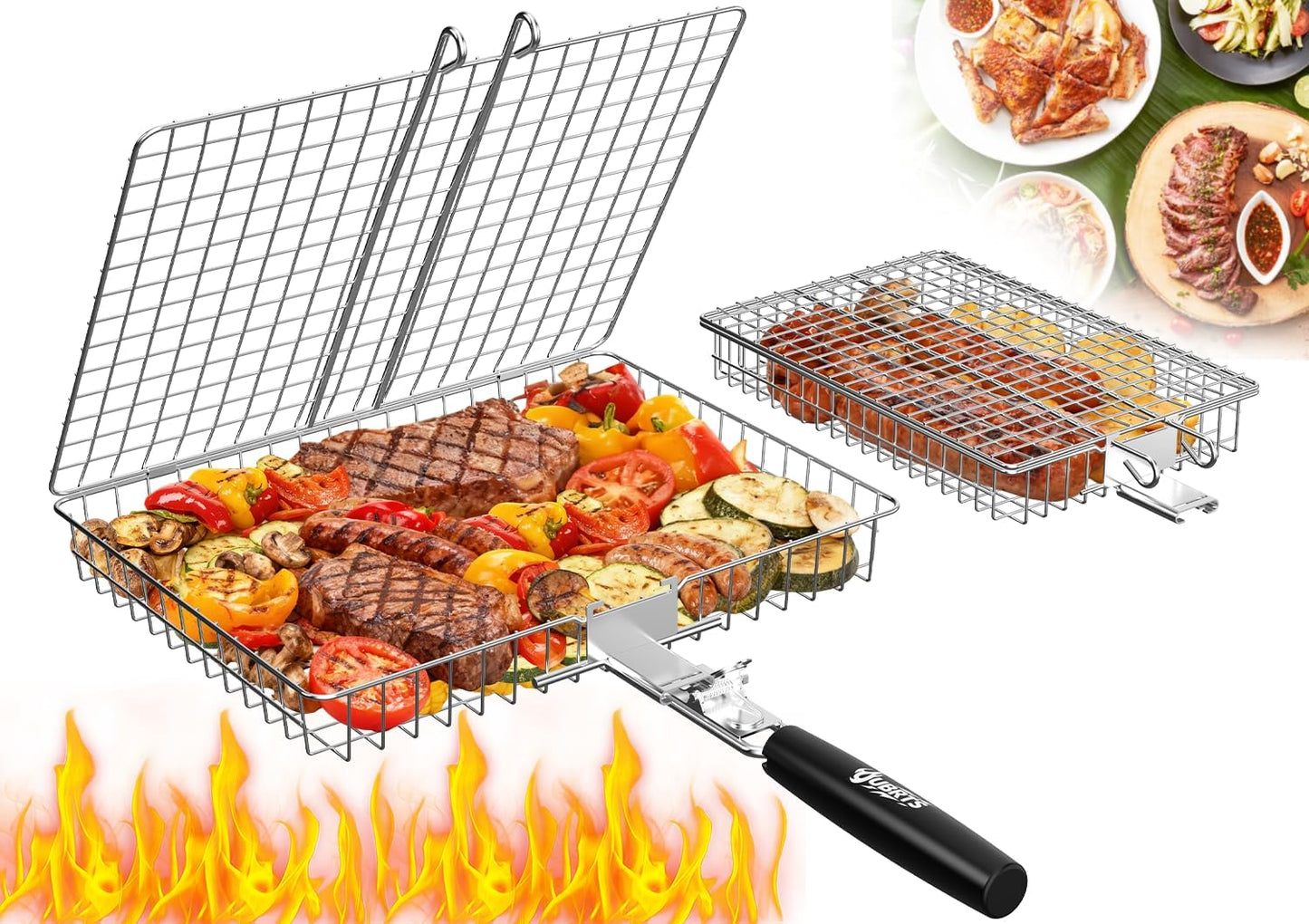 Cestas parrilla al aire libre 2 pzas mango madera acero inox