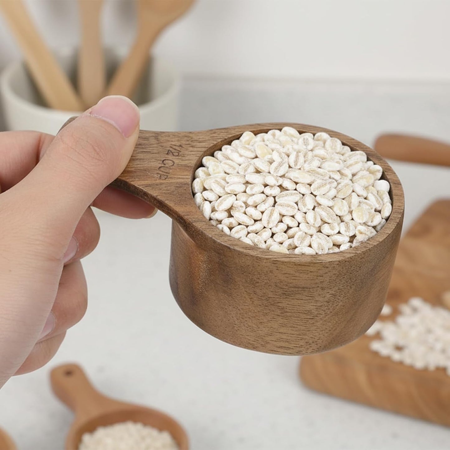 Cuchara de 1/2 taza medidoras de madera para hornear y cocinar
