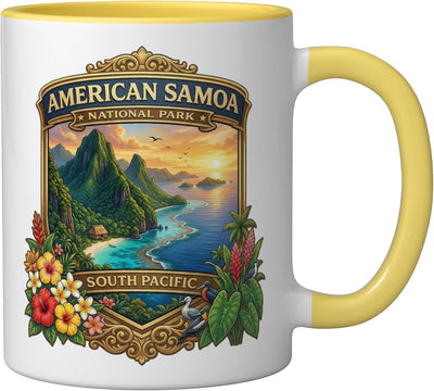 Taza cerámica souvenir Parque Nacional American Samoa isla del Pacífico Sur amarillo/blanco