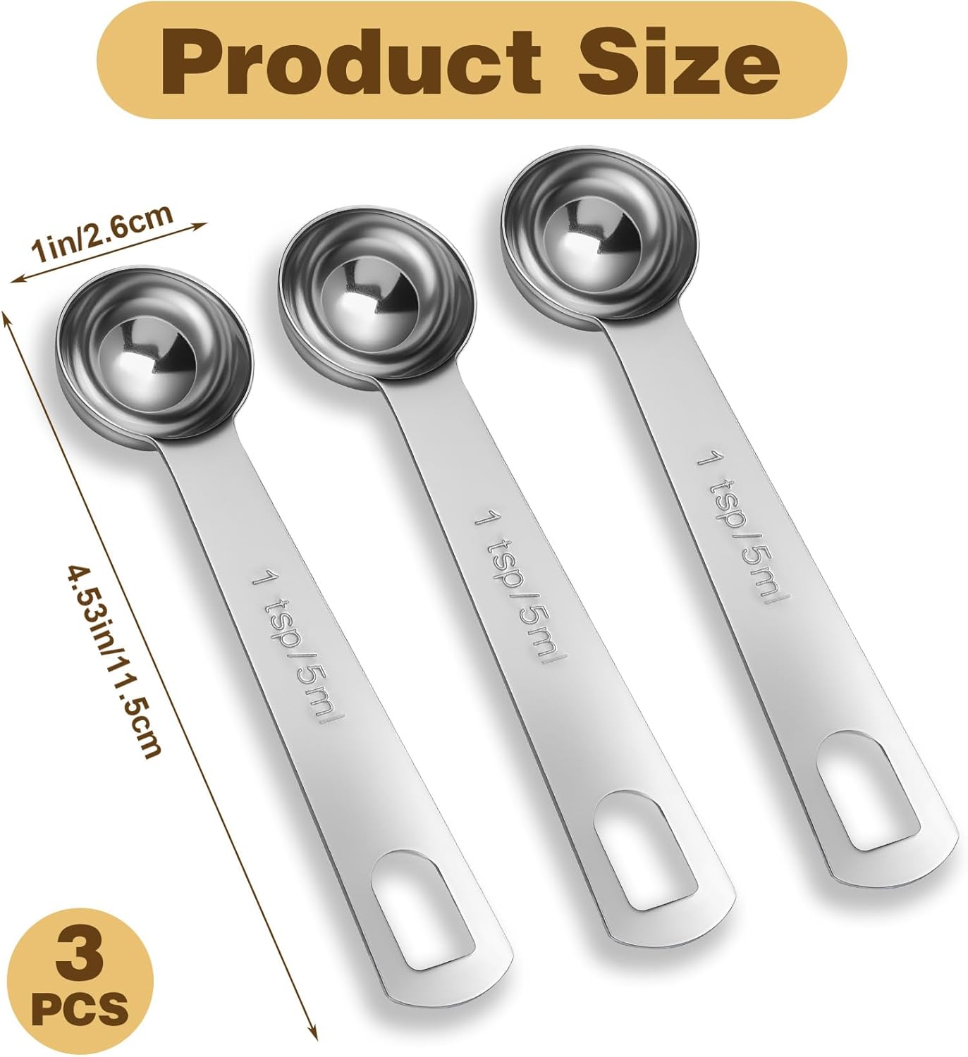 3 cucharaditas medidoras de acero inoxidable resistente para cocinar especias