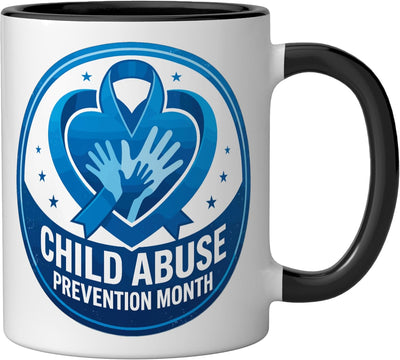 Taza cerámica con ribete azul prevención abuso infantil negro/blanco