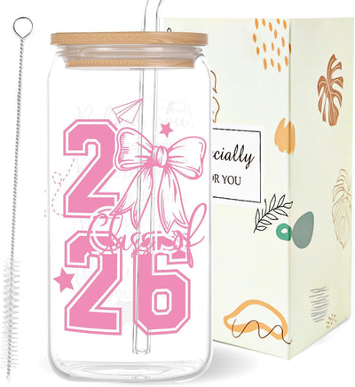 Taza Vidrio Rosa 16oz Con Tapas Pajita Regalo Graduación