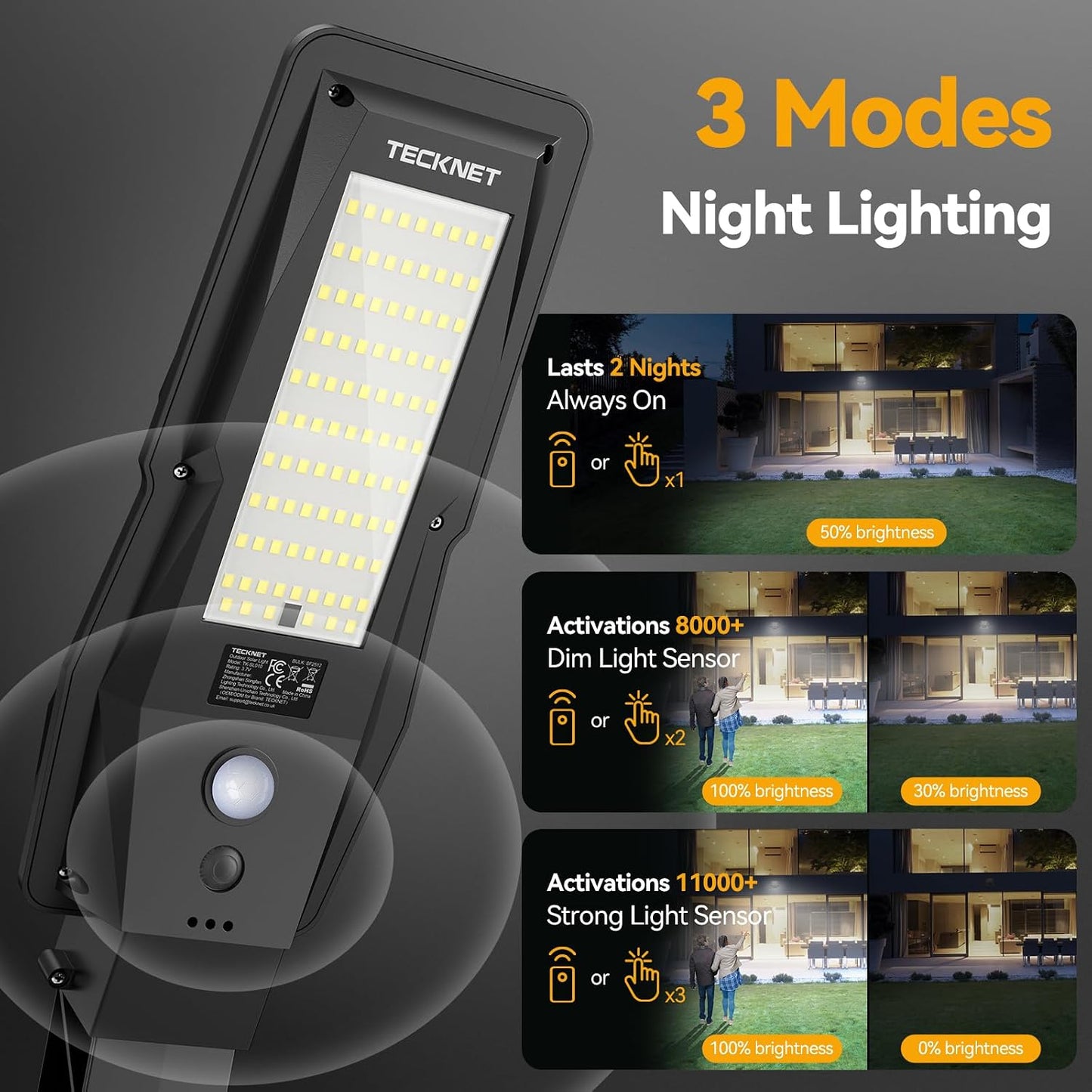 Farolas solares IP66 con sensor movimiento 3 modos exteriores