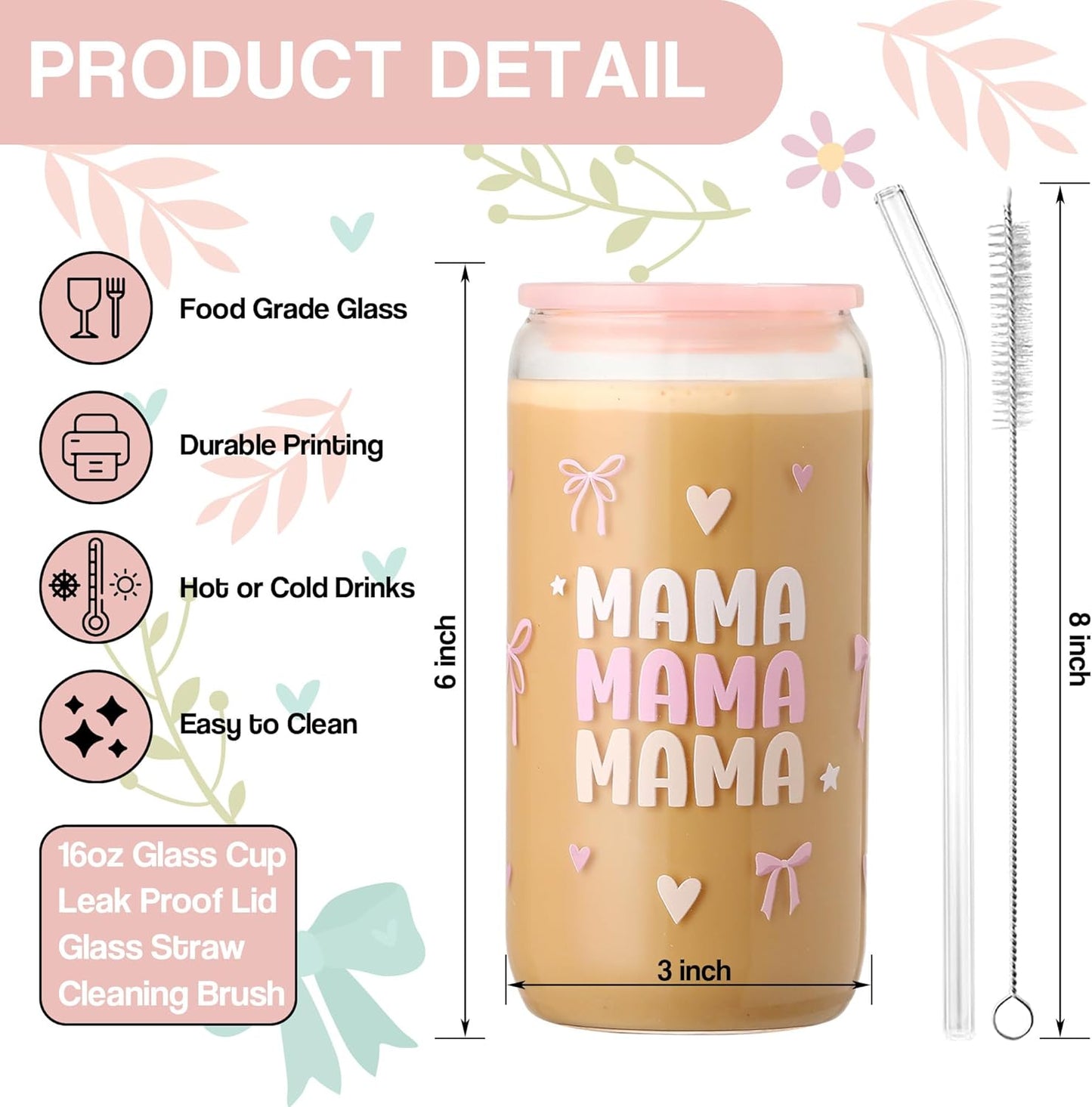 Taza vidrio 16oz con tapa y popote para mamá