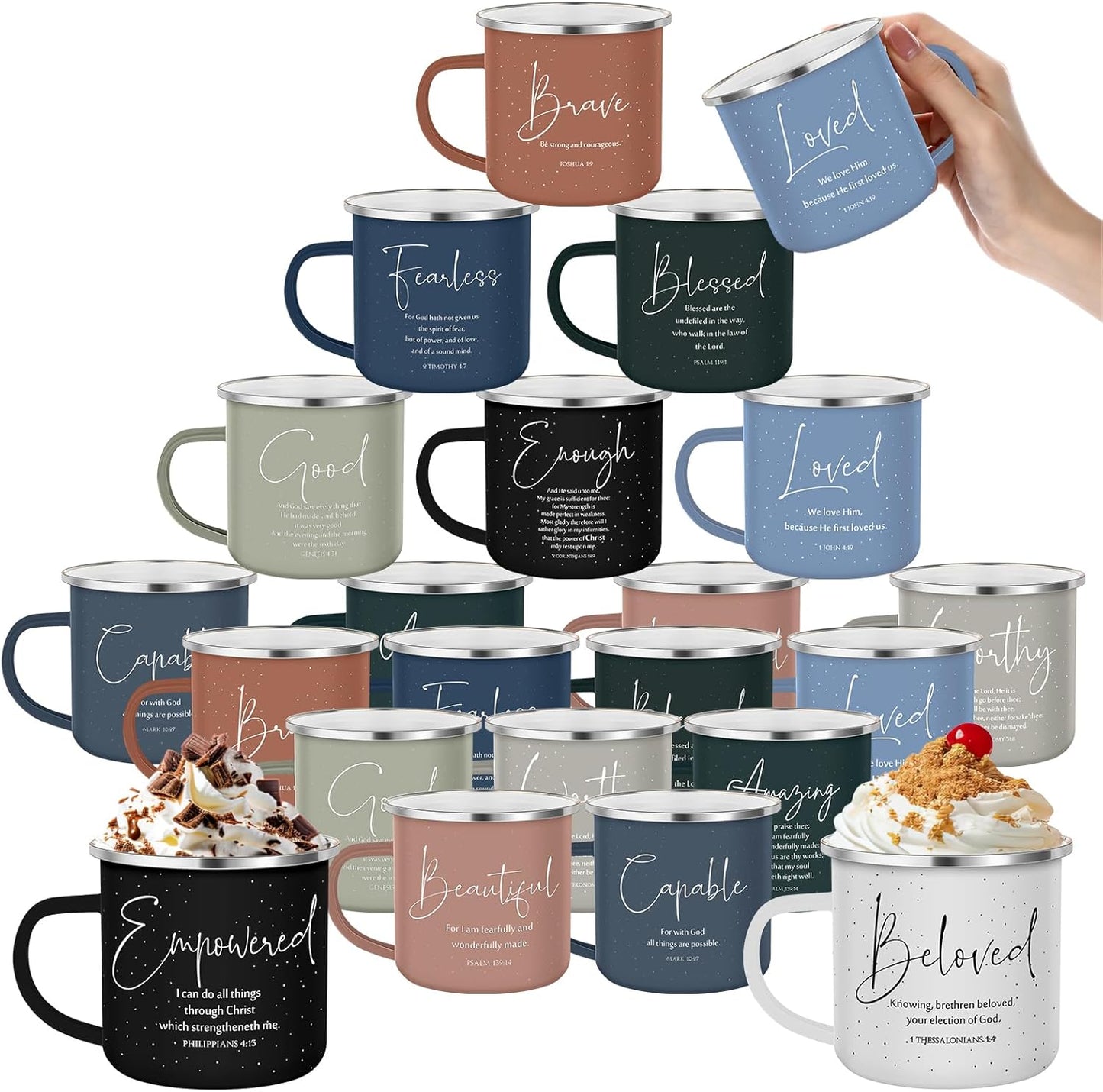 Tazas Café Esmaltadas 12oz con Versículo Bíblico Color Bohemio