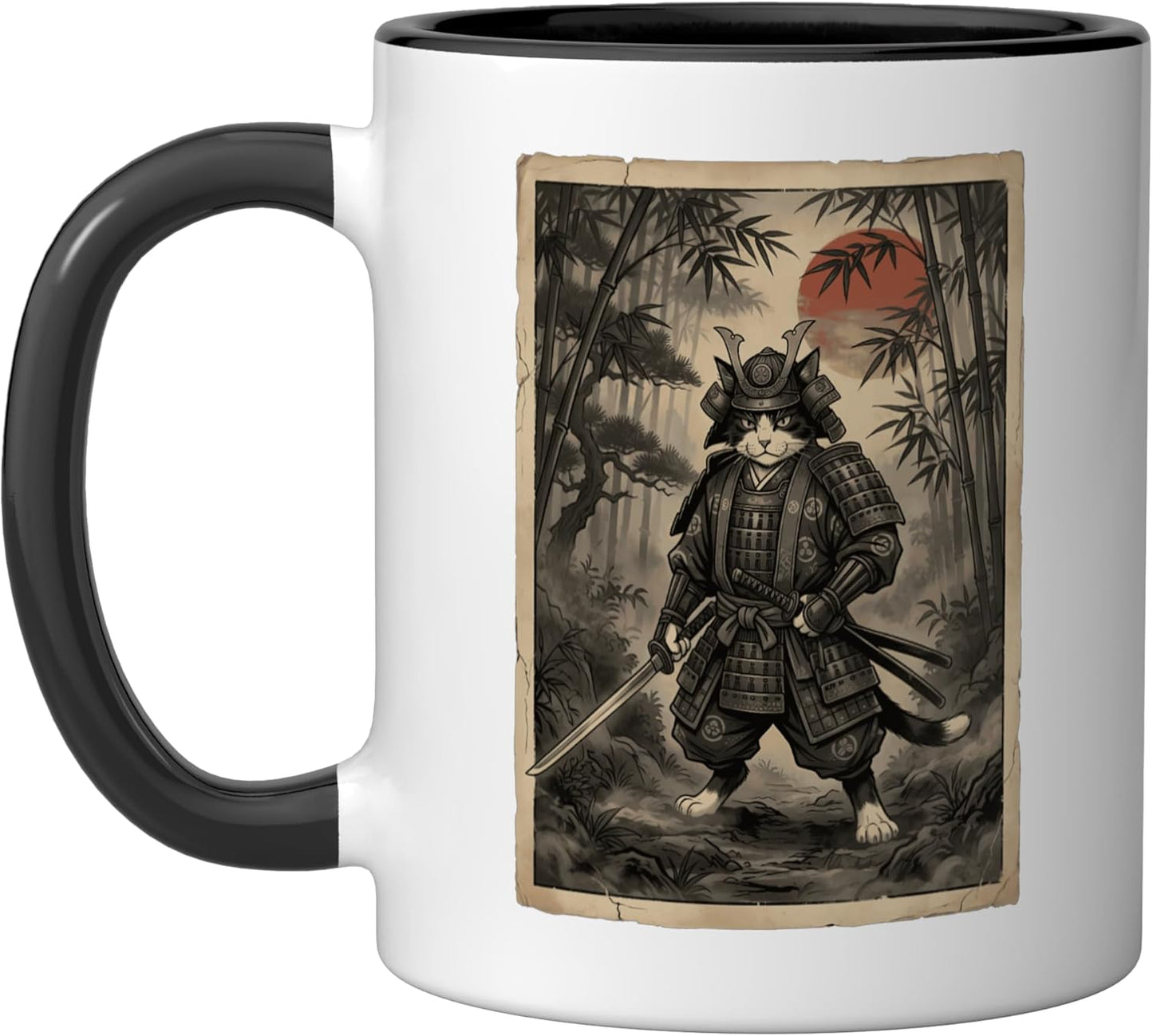 Taza cerámica artística japonesa Samurai Cat negra/blanca