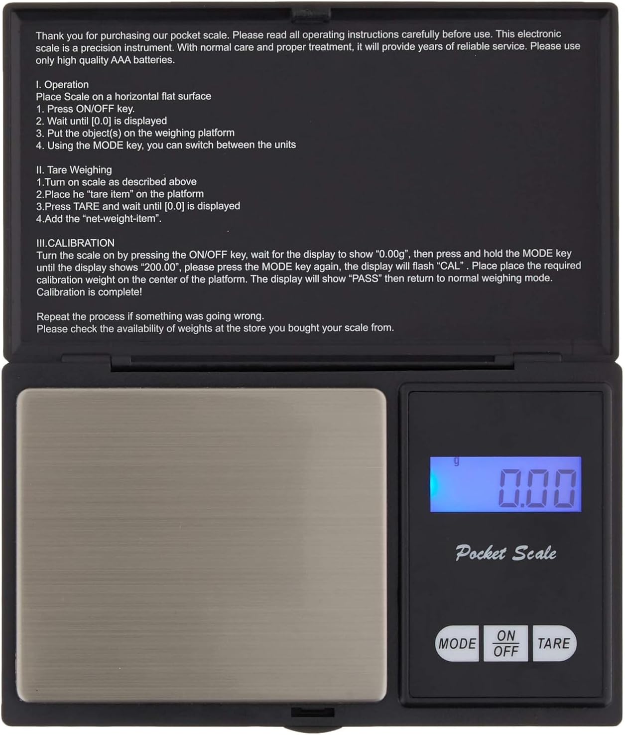 Báscula digital de bolsillo con pantalla LCD retroiluminada y función de tara