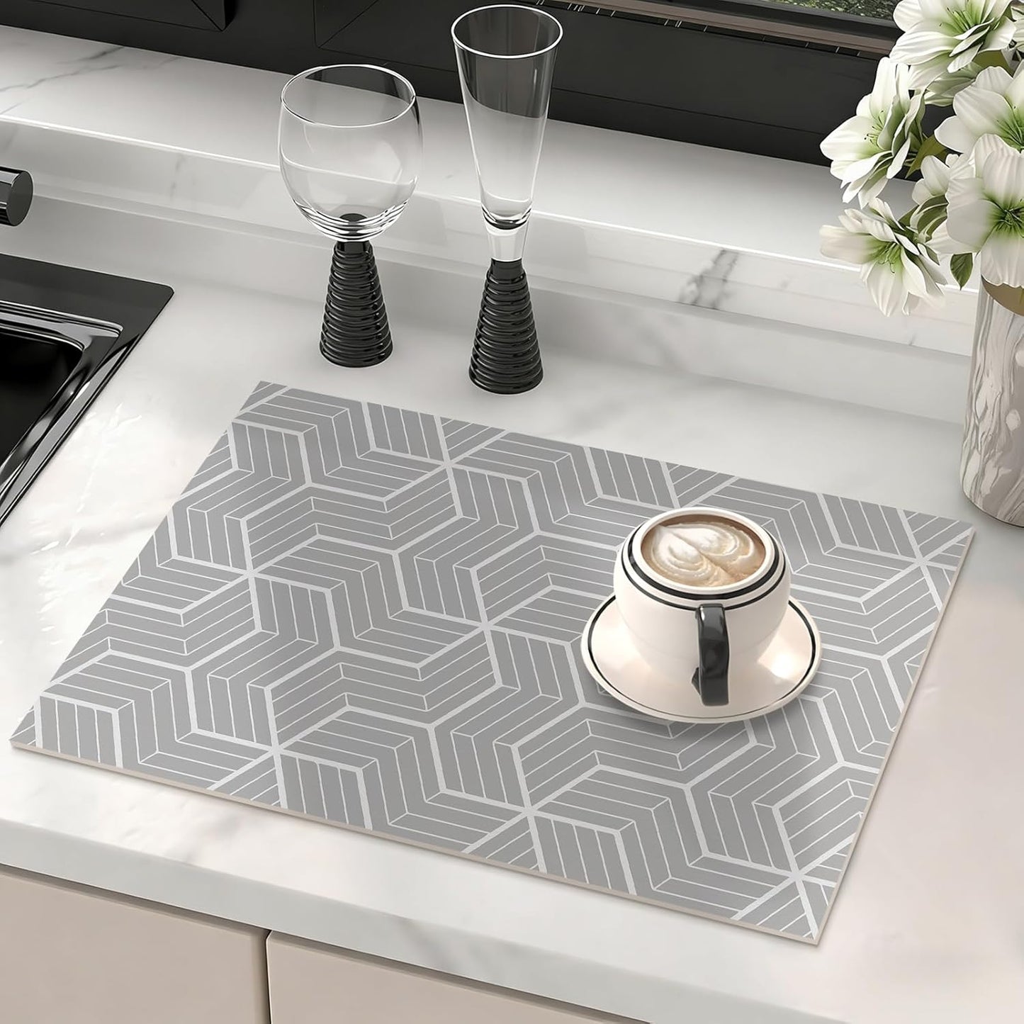 Tapete absorbente encimera cocina baño mascotas hexagonal gris