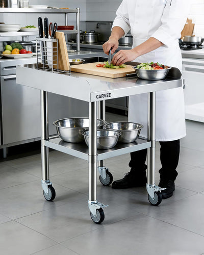 Mesa trabajo acero inox 30x36pulg con ruedas y estante