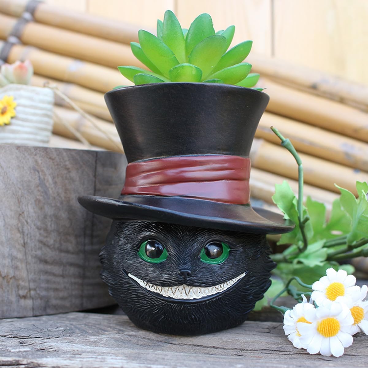 Maceta resina con cabeza gato negro orificio drenaje
