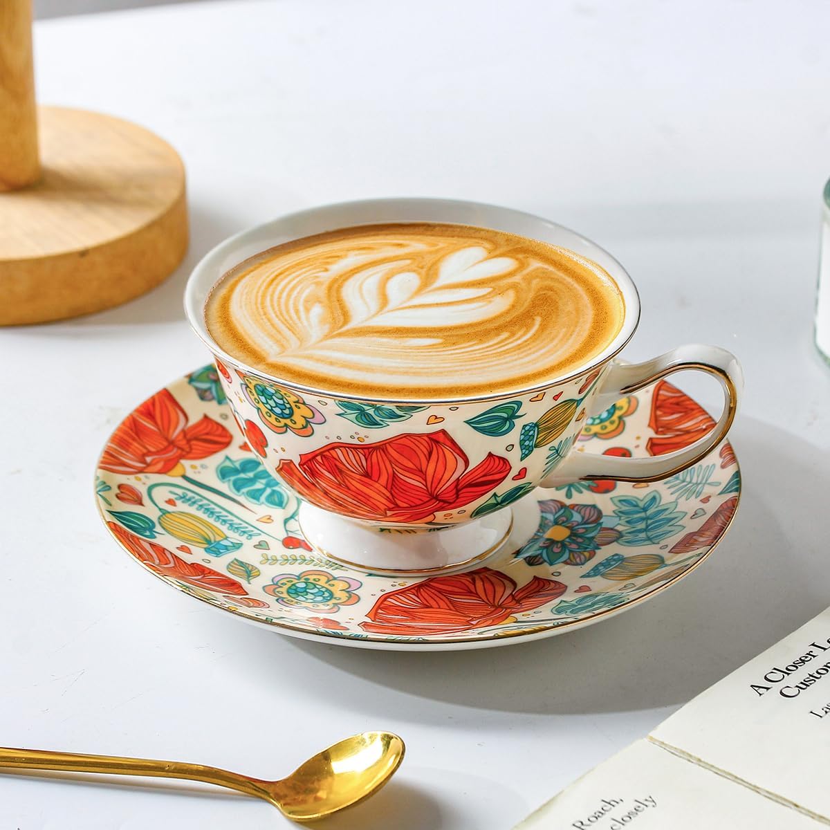 Taza cerámica 6.8oz con platillo flor roja para café té