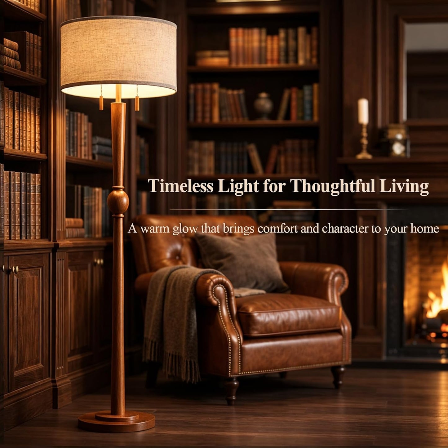 Lámpara pie madera 62.8pulg 2 luces pantalla lino 17pulg