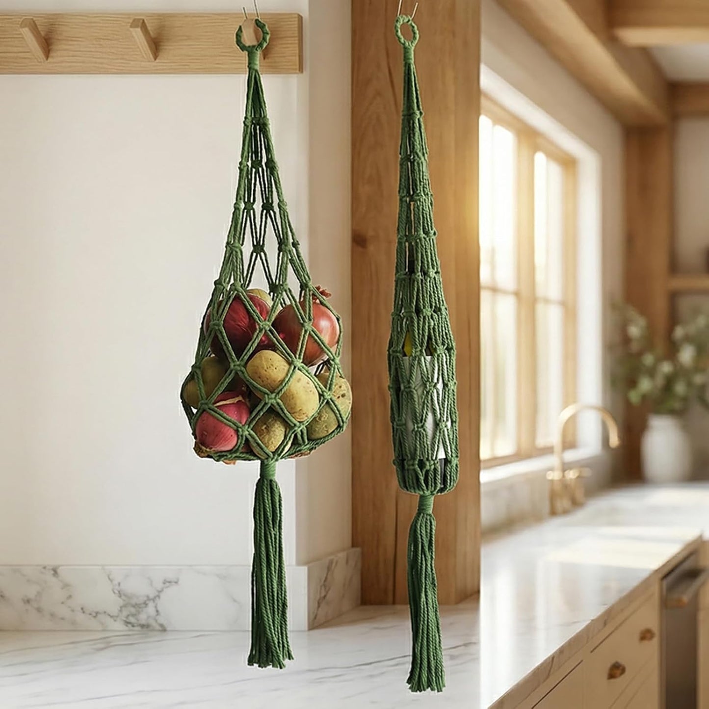 Bolsa colgante de macramé para frutas y verduras con borla
