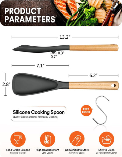Cuchara de cocina de silicona mate sin BPA con mango de madera gris