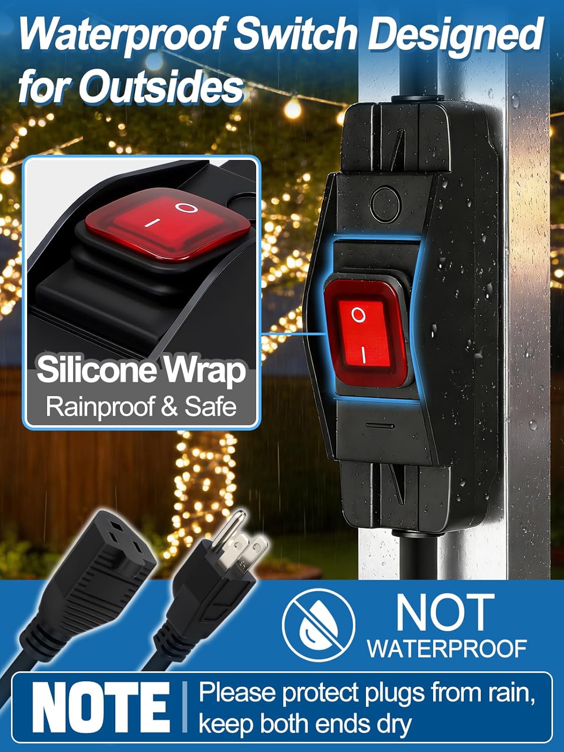 Cable extensión impermeable 1.5ft con interruptor 3 clavijas negro