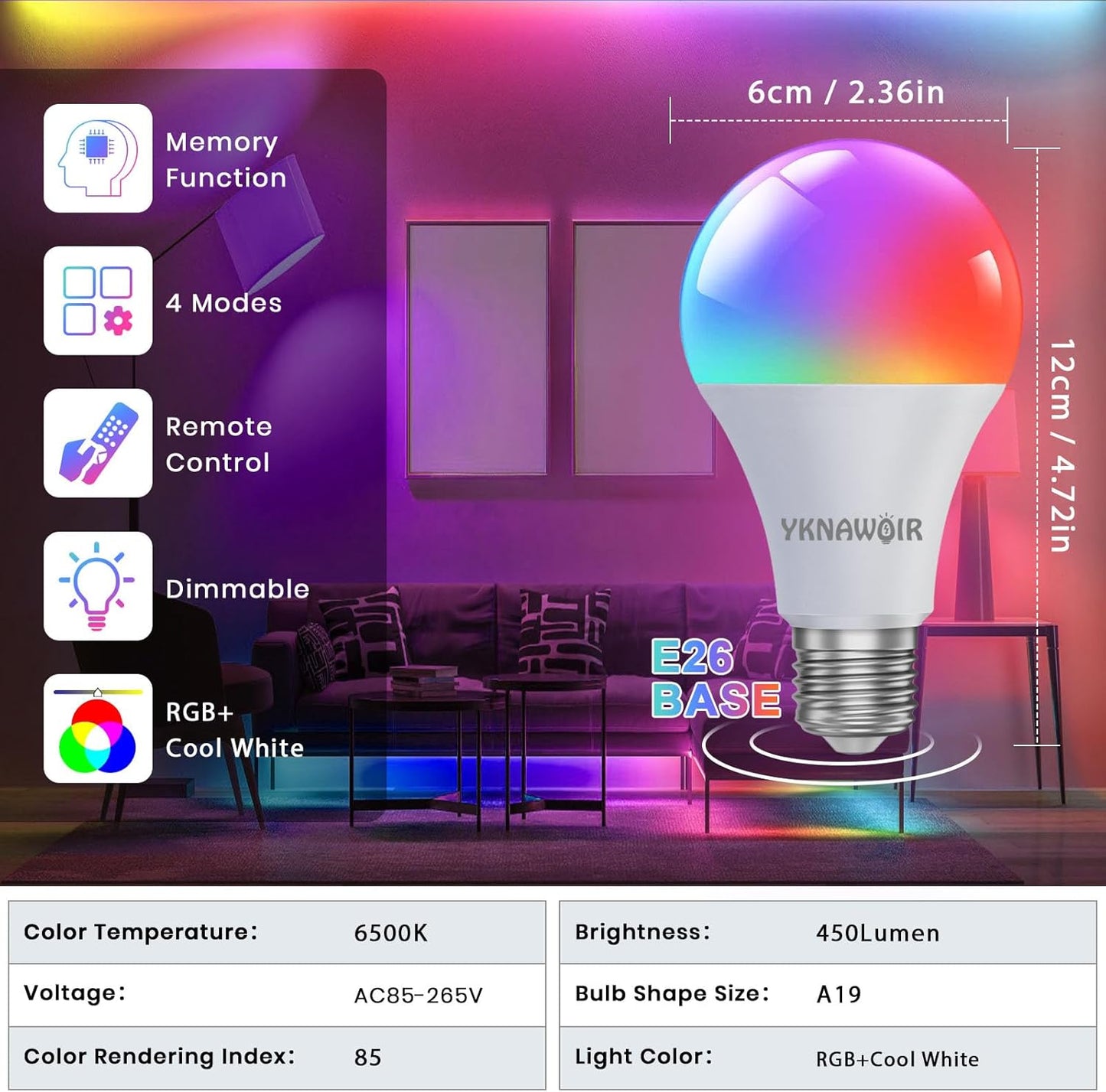 Bombillas RGB LED blanco 9W 6500K E26 con control remoto
