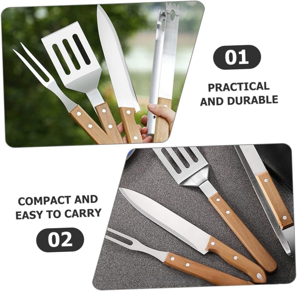 Juego 5 pzas herramientas parrilla acero inox asas madera