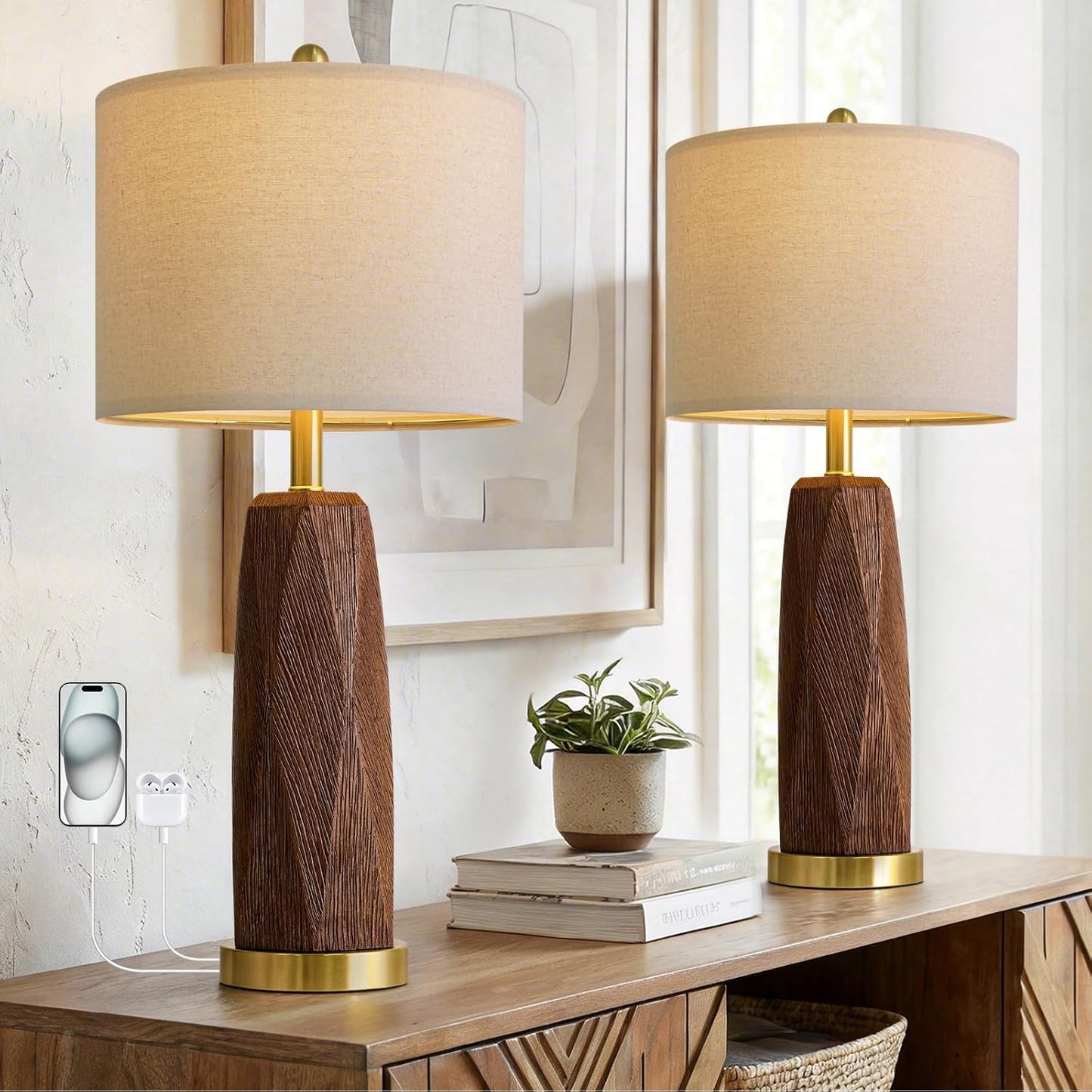 2 Lámparas Mesa 27.5pulg USB-A USB-C Resina Madera