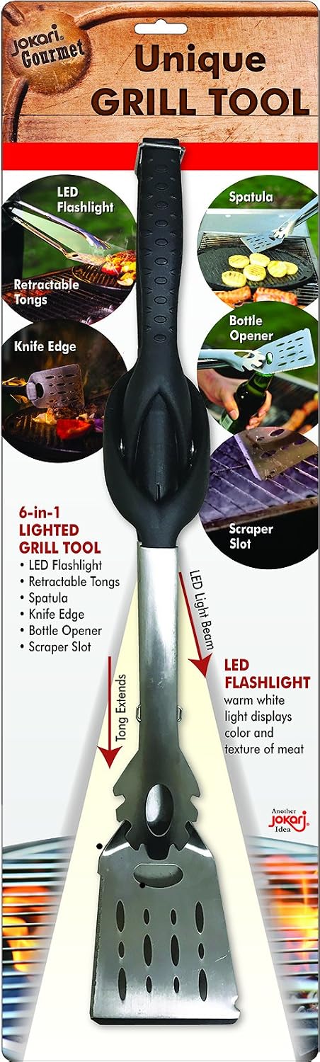 Herramienta parrilla 6en1 con linterna LED espátula pinzas cuchillo