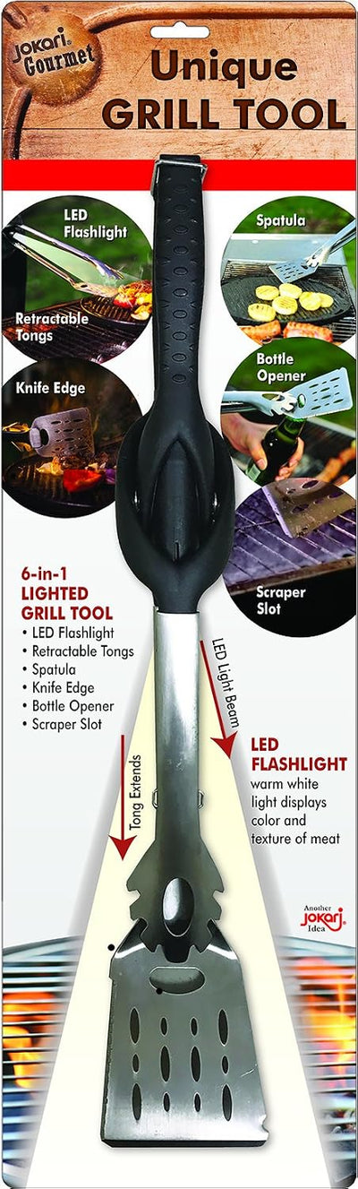 Herramienta parrilla 6en1 con linterna LED espátula pinzas cuchillo