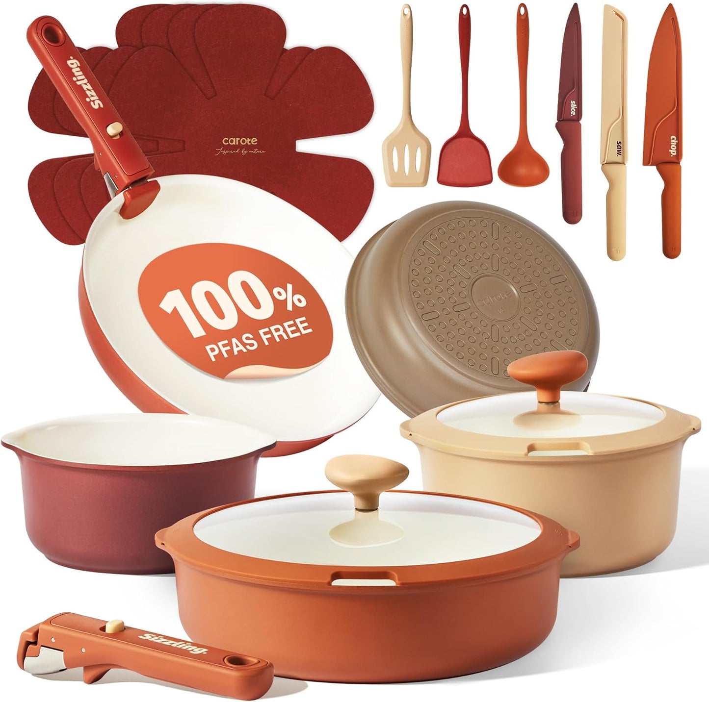 Juego 22 utensilios de cocina cerámica con mango desmontable antiadherente