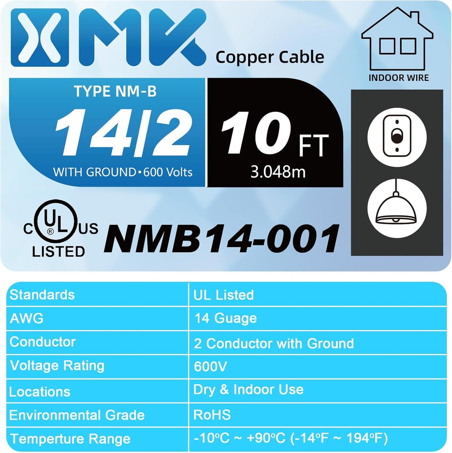 Cable NM-B 14/2 con tierra 10 pies cobre