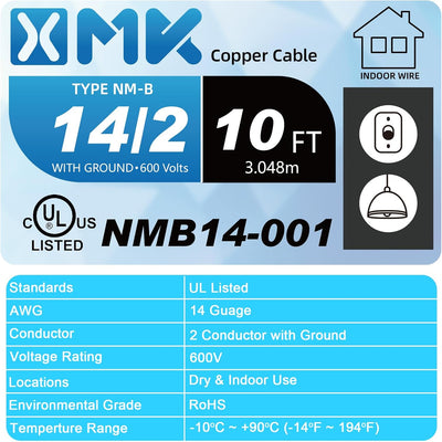 Cable NM-B 14/2 con tierra 10 pies cobre