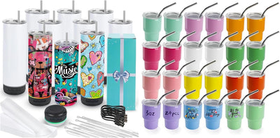 Pack 10 Vasos Sublimación 20oz + 24 Vasos 3oz Con Popote Tapa