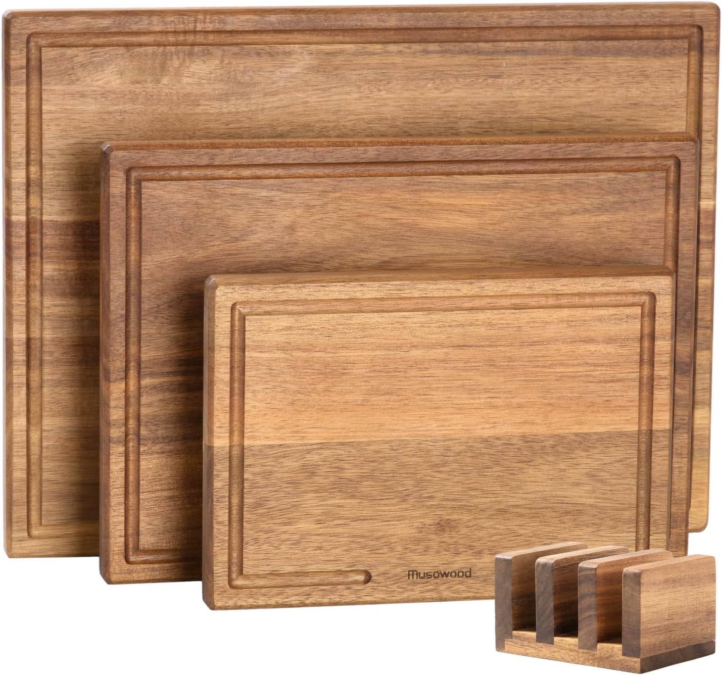 Tabla cortar madera acacia juego 3 pzas con soporte