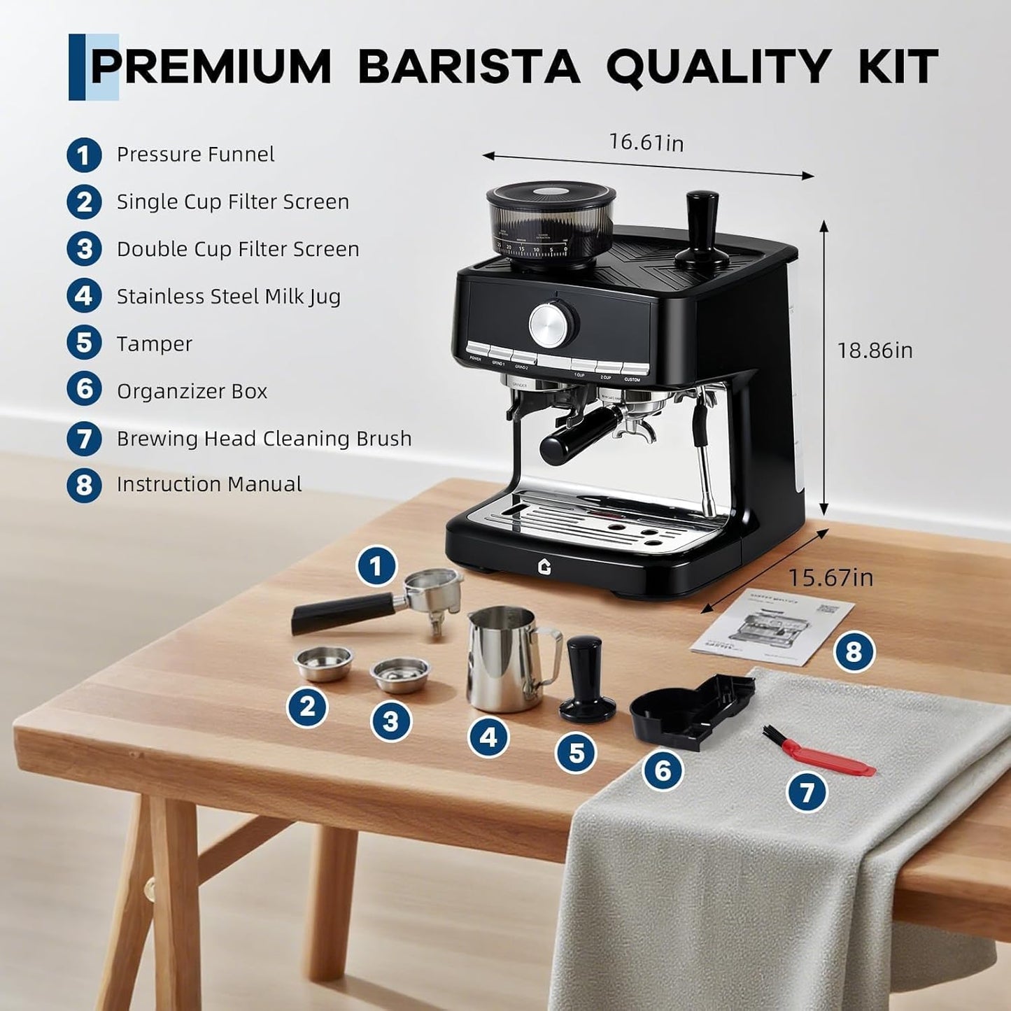 Máquina Espresso Acero Inox 20 Bar Molinillo Espumador Leche