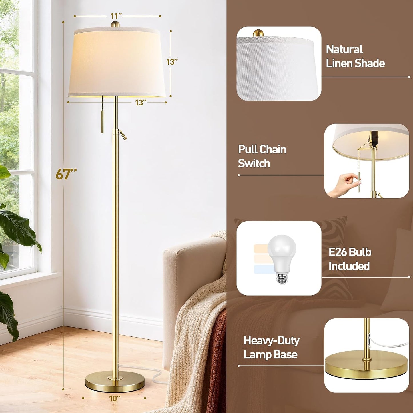 Lámpara pie dorada sala ajustable 55-67pulg LED