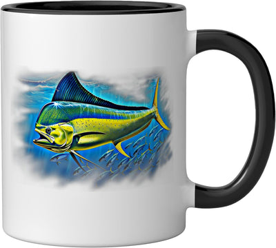 Mug cerámico Mahi-mahi para pescador decorado en negro/blanco
