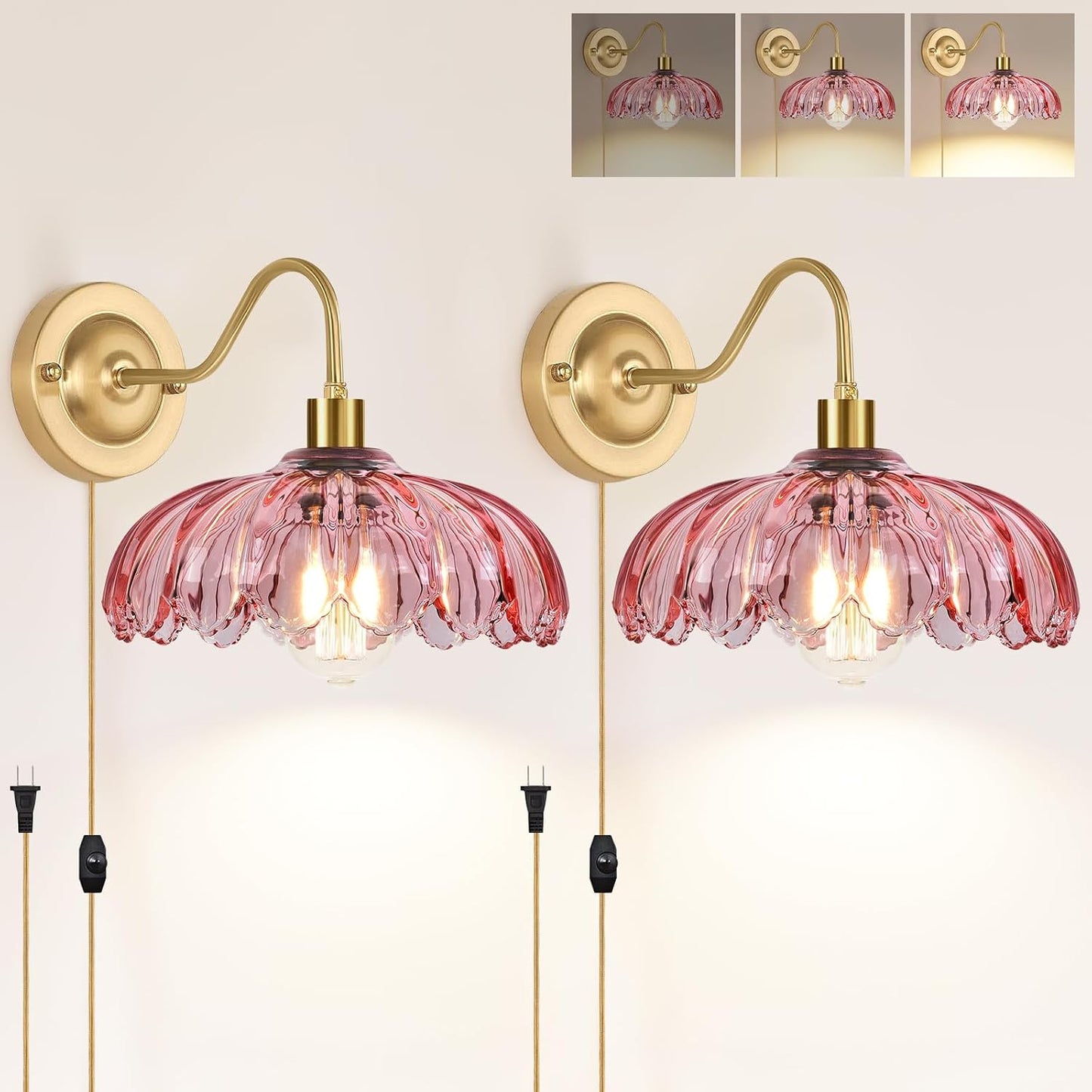 2 Pzas Apliques Pared Vidrio Flores Cable Regulable
