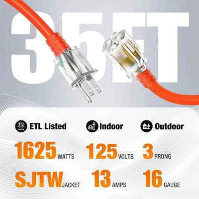 Cable extensión exterior 35ft impermeable 3clavijas iluminado