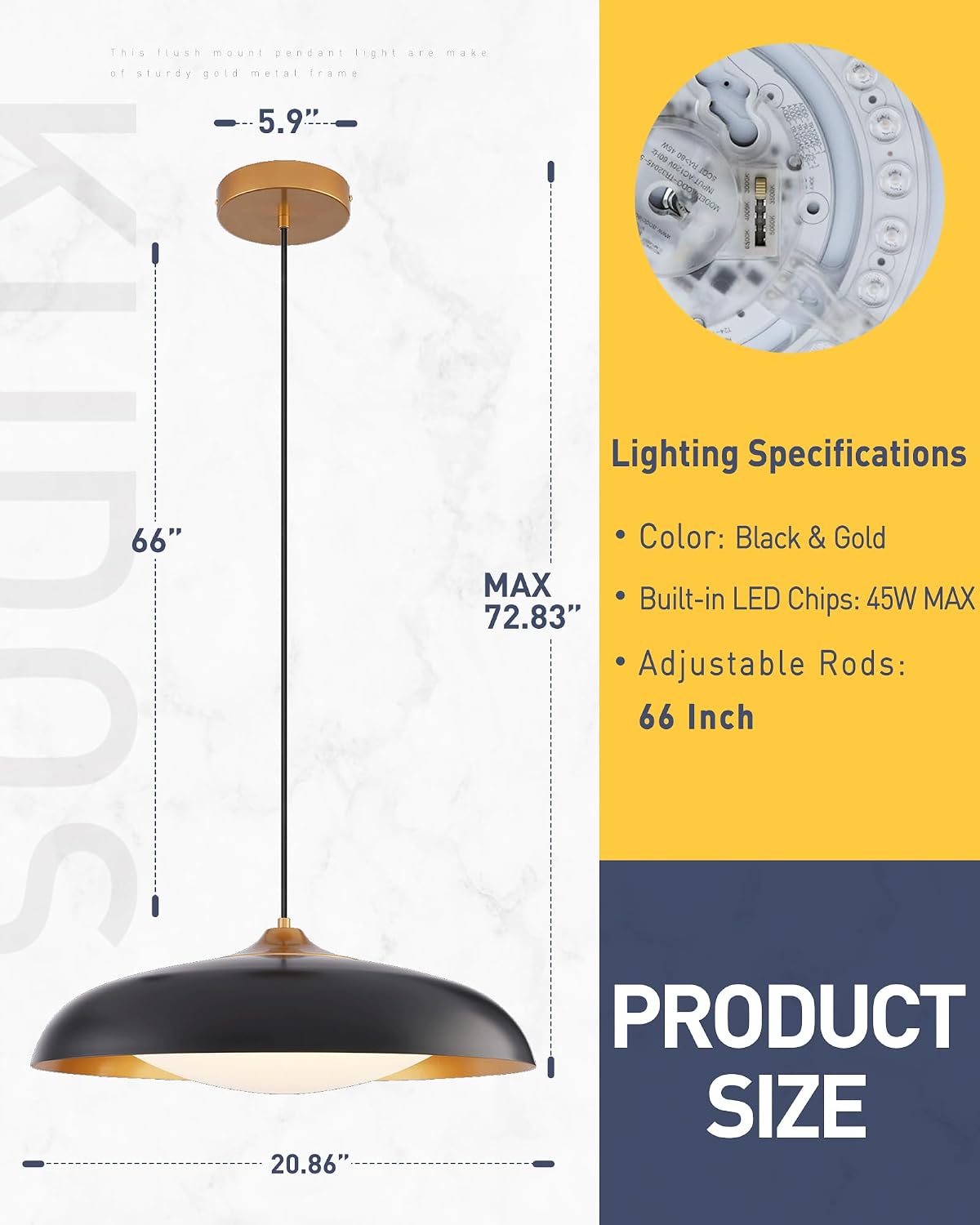 Lámpara colgante LED 21pulg metal cúpula negra dorada