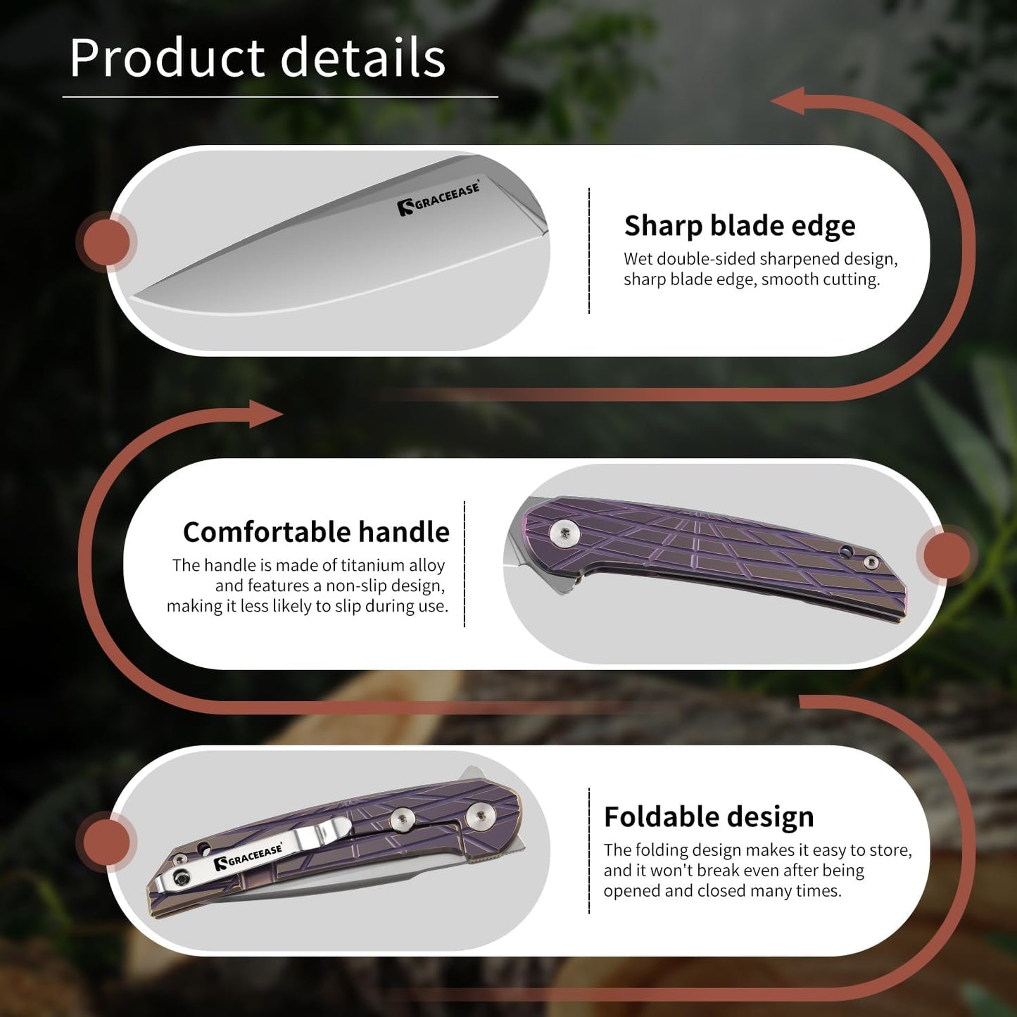 Cuchillo plegable titanio mango morado acero AUS-8 EDC