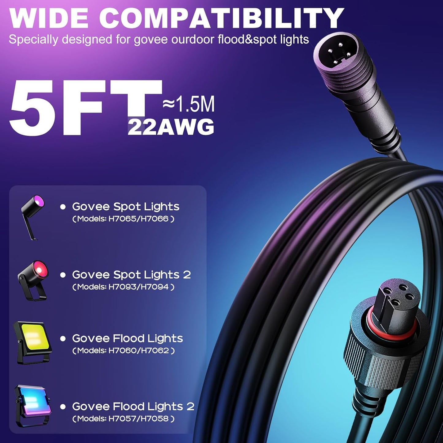 2 Cables Extensión 5pulg Conector Impermeable 4 Pines Comp Govee