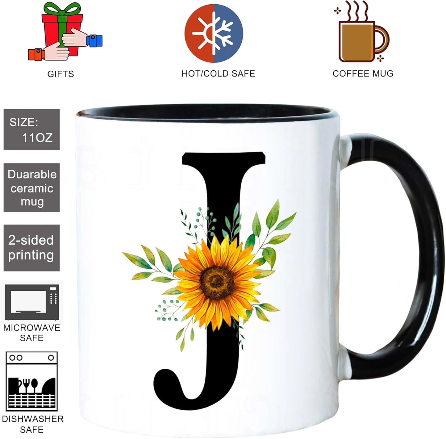 Taza de café de cerámica con monograma floral J, color negro, reutilizable