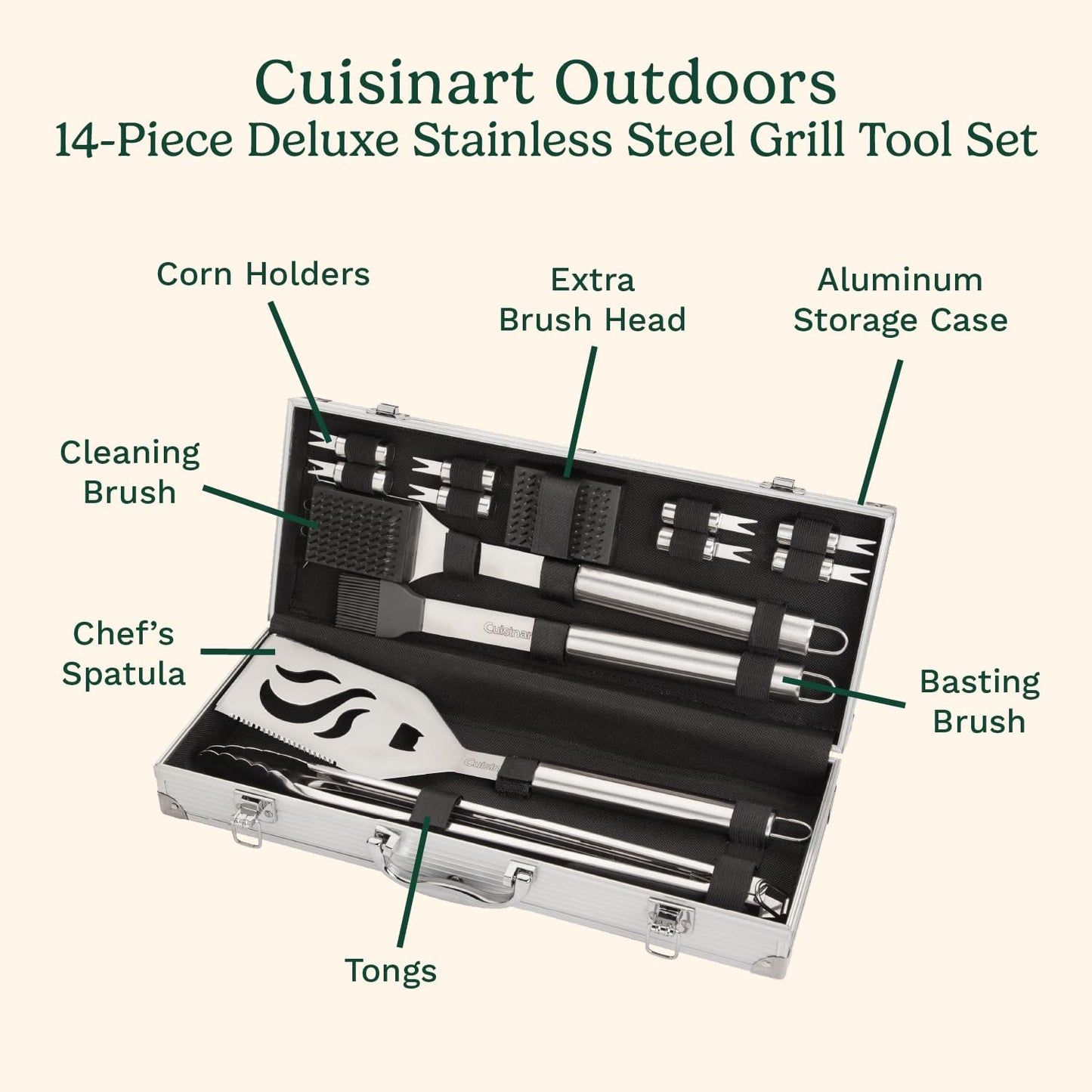 Set 14 Pzas Parrilla Acero Inox Kit Asar con Espátula y Pinzas