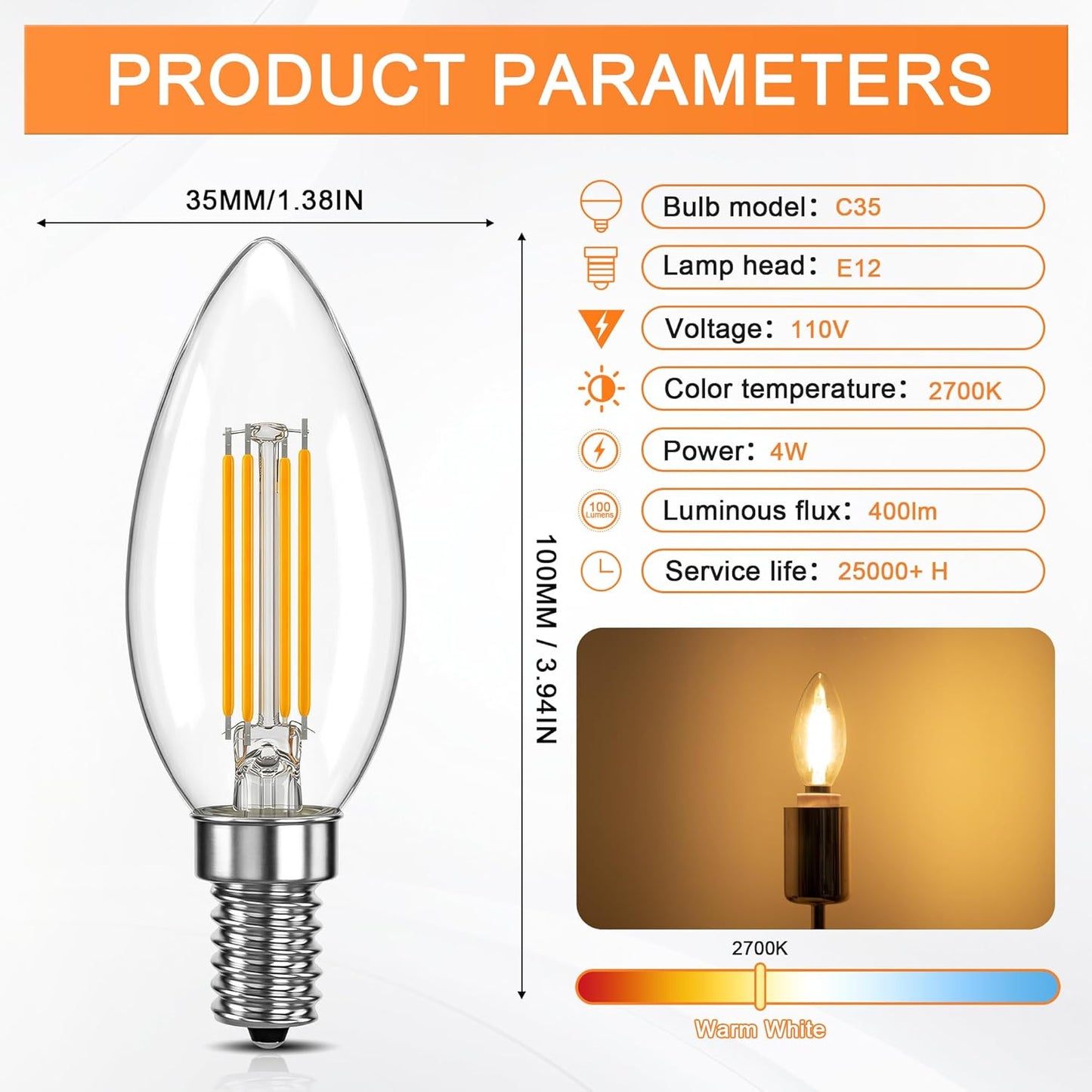 Bombilla E12 LED filamento 2700K blanco suave pack 6