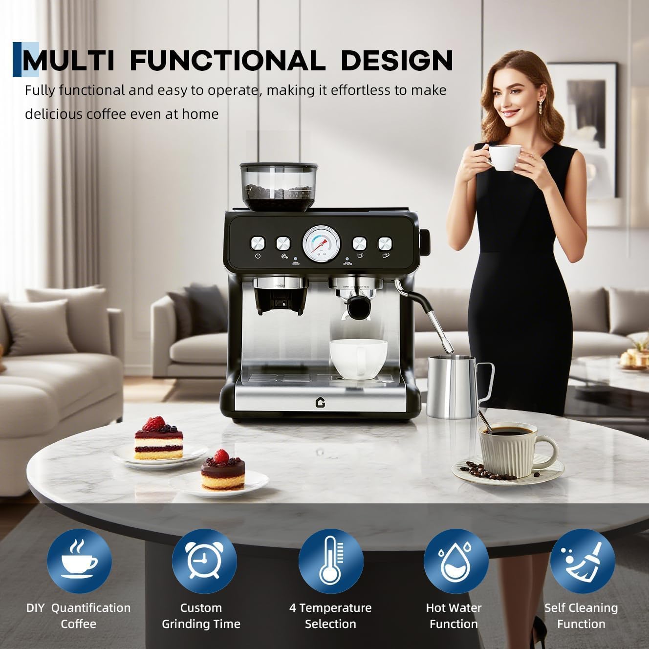 Máquina de café de acero inoxidable con molinillo integrado 20 bares