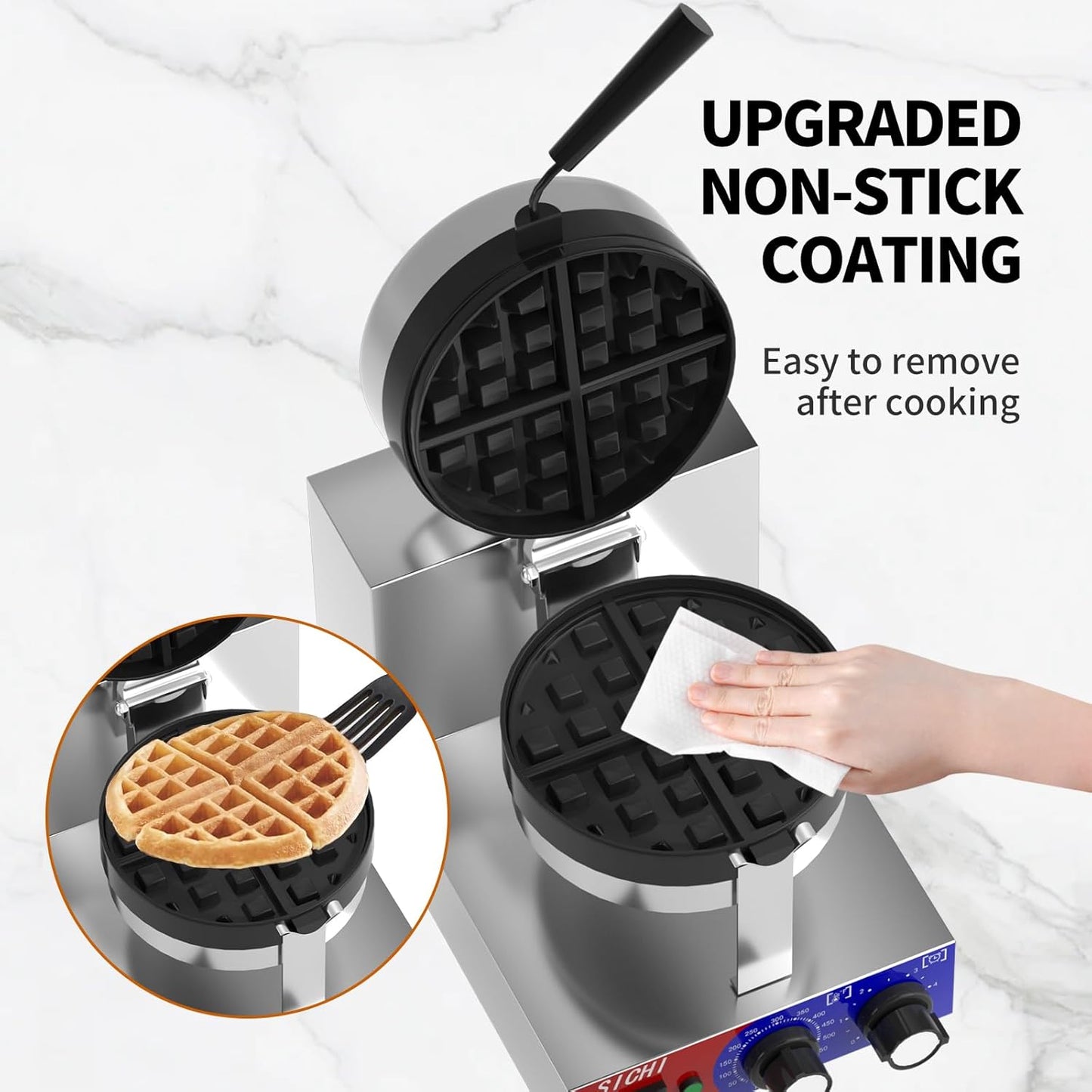 Máquina comercial de gofres y templado de chocolate con platos antiadherentes giratorios