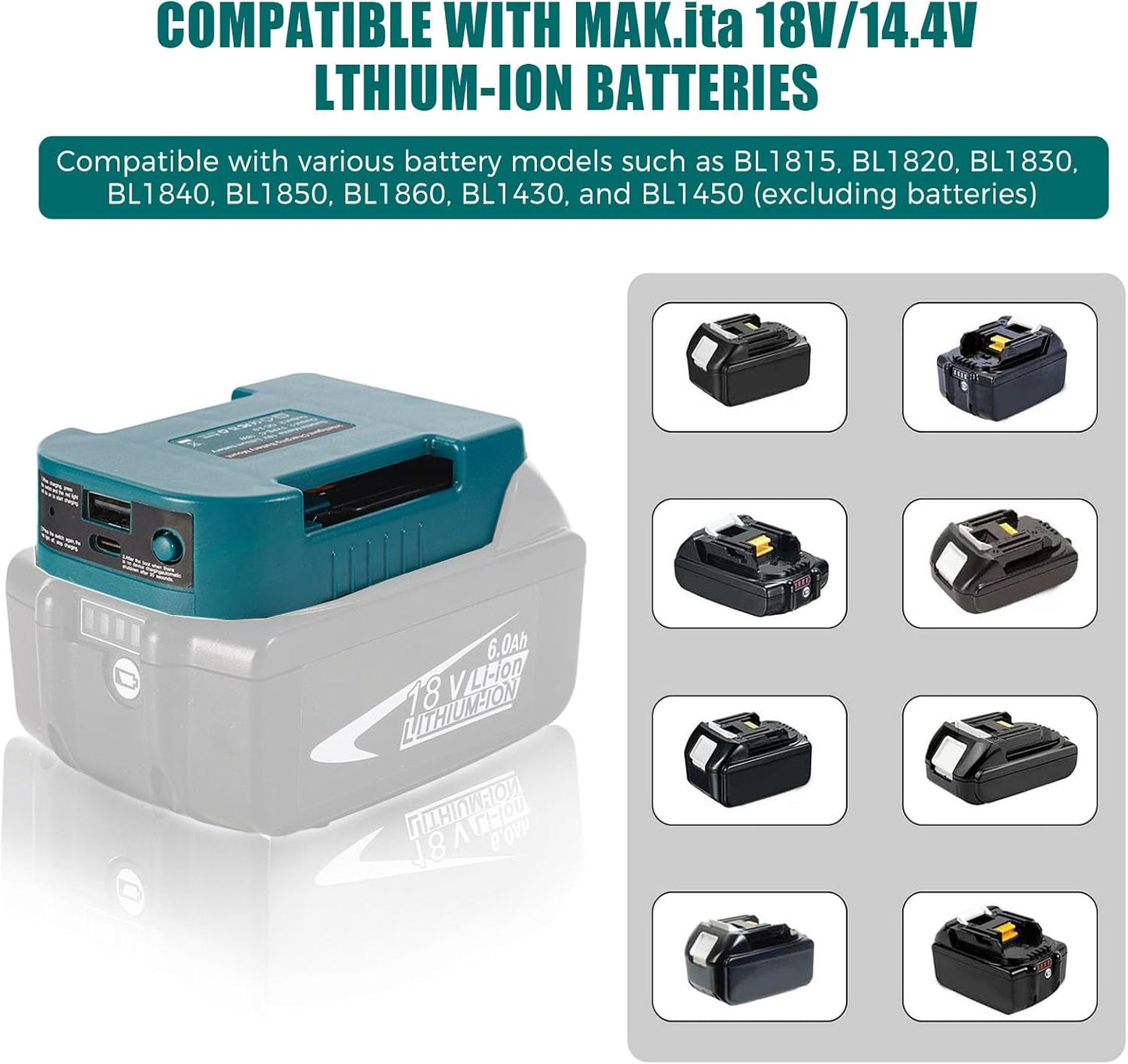 Adaptador batería 18V con cargador dual USB-C y USB-A