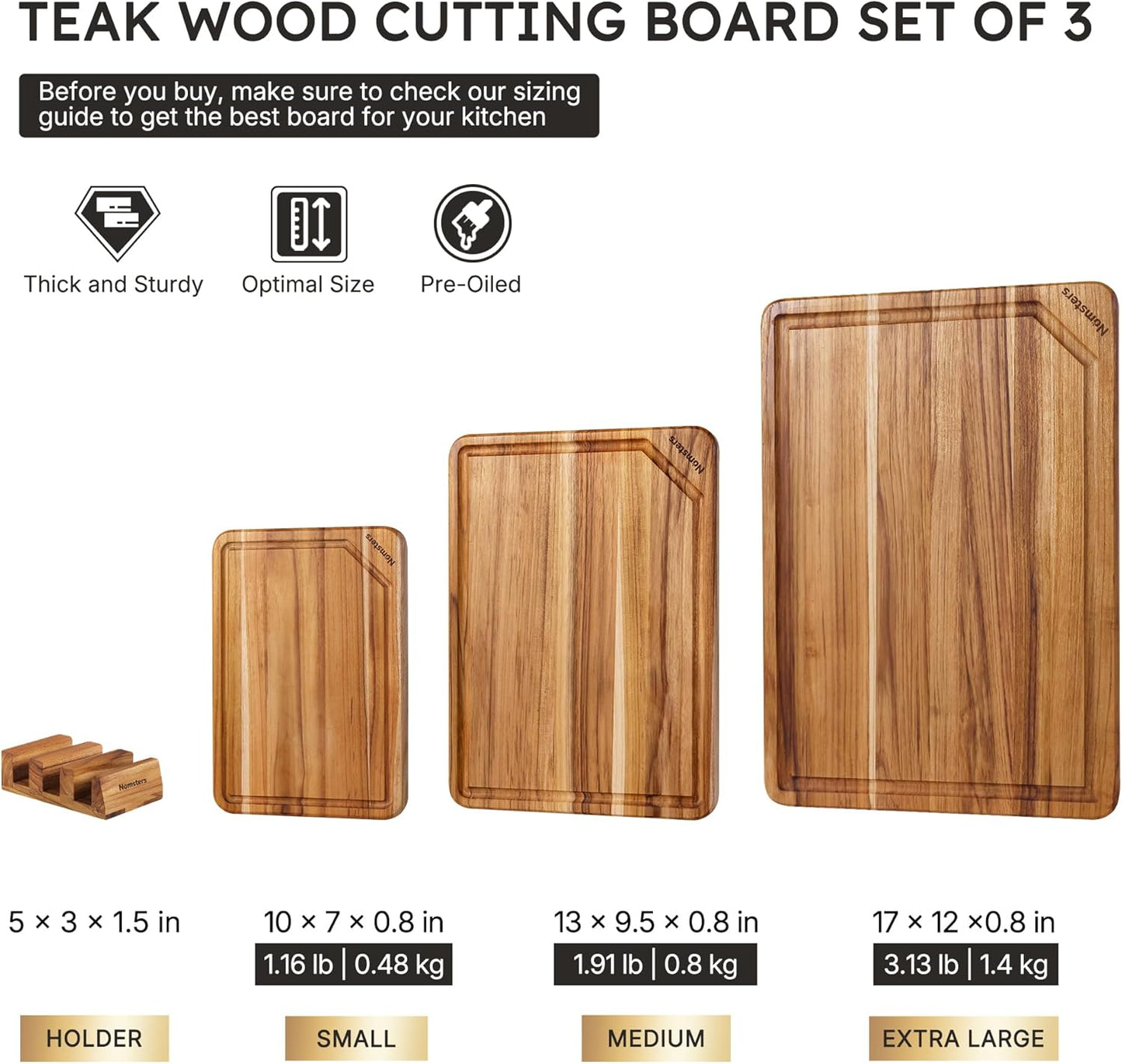 Set 3 Tablas Cortar Madera Teca Resistente No Tóxica