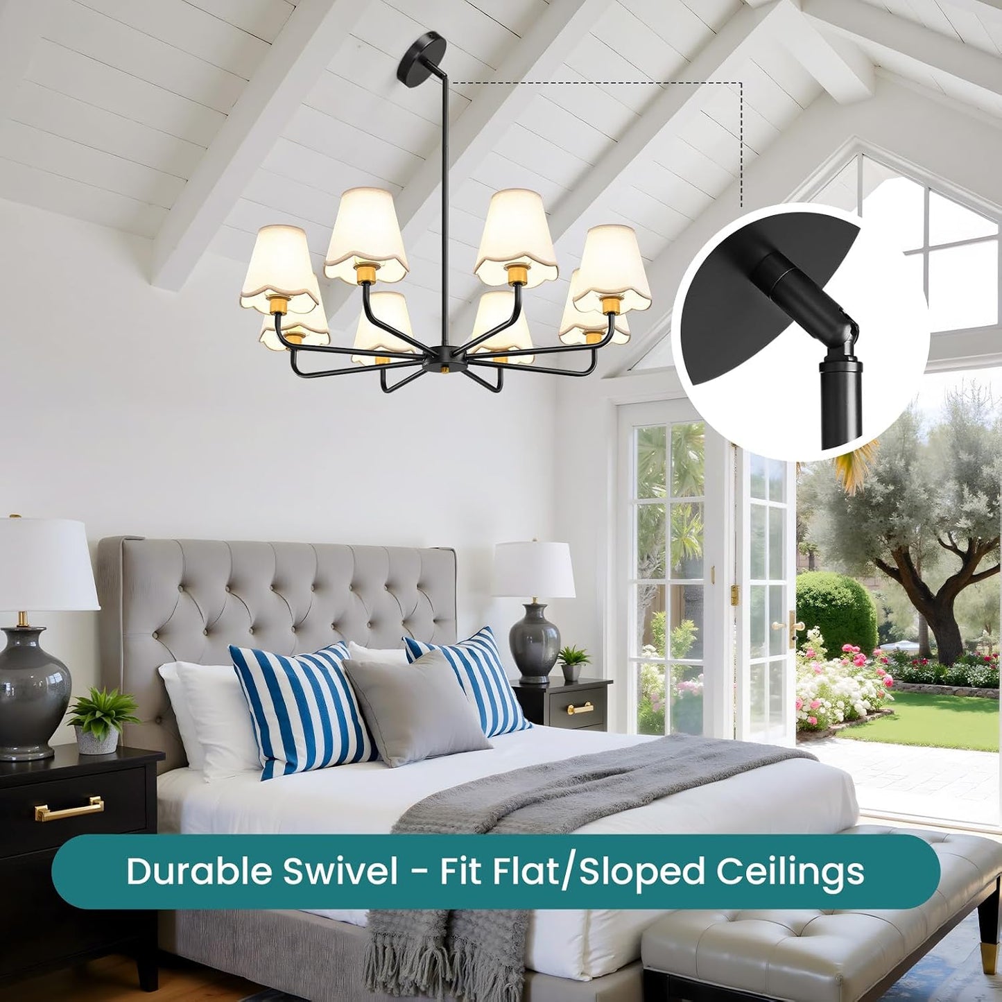 Candelabro moderno 8 luces negro y dorado para comedor sala